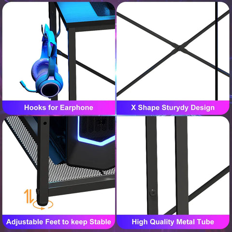 Hooks, X design, adjustable feet, and metal tube details on 33.5 Inch Compact Gamer Desk With Remote RGB LED Lights And 3 In One Power Hub Monitor Stand CPU Stand Built In Storage Drawer And Side Hooks Space Saving Gaming Table For Home Office Or Bedroom Black.