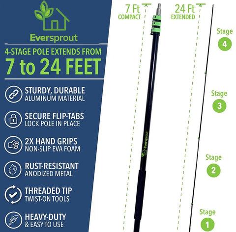 Smooth Telescoping Aluminum Extension Pole With Heavy Duty Utility Hook For Hanging Christmas Lights Bird Feeders And Tackling High Spots Without Breaking A Sweat Or Risking Ladder Falls, extends from 7 to 24 feet.