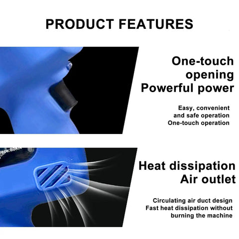Close-up of the electric hydraulic wire cutter features, showing one-touch operation and heat dissipation design.