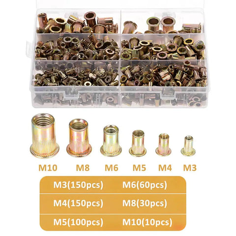 Rivet Nut Assortment Kit 500 Pcs Galvanized Carbon Steel M3 M4 M5 M6 M8 M10 with labeled sizes in storage case