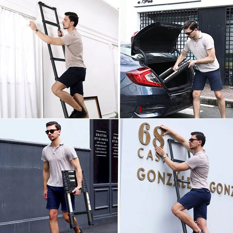 Man using Telescopic Ladder For Home And Outdoor Use 10.5 Feet Aluminum Extension Ladder With Non Slip Feet, carrying and setting up.