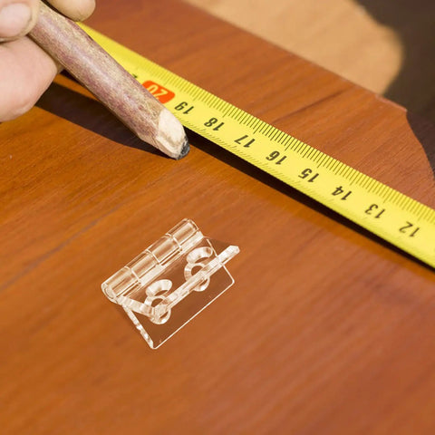 Clear Acrylic Cabinet Hinge With Pre Drilled Holes Frosted Small Decorative Box Hinge on wooden surface with measuring tape
