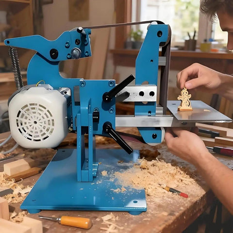 Badass 1100W Brushless Grinder And Polisher With Swappable Orientation Belt Sander showing blue metal frame and motor.