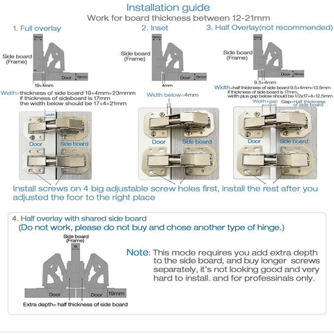 Installation guide for 4 Pack Easy Install Cabinet Door Hinges With Soft Close Full Overlay And Insert Hinge; no drills needed
