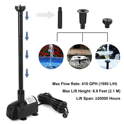 Sun Powered Solar Fountain Pump Kit With 25 Watt Panel, 410 GPH Submersible Water Pump for Ponds shown with nozzles and specifications