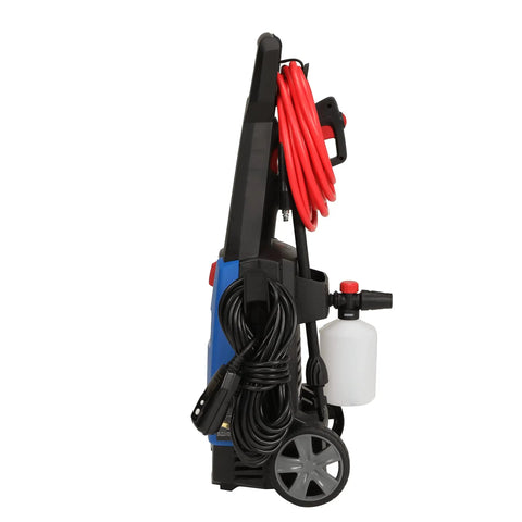 Side view of Electric Pressure Washer 1600 PSI 1.7 GPM Portable Cleaner for Cars, Siding, Driveways, and Patio with onboard storage.
