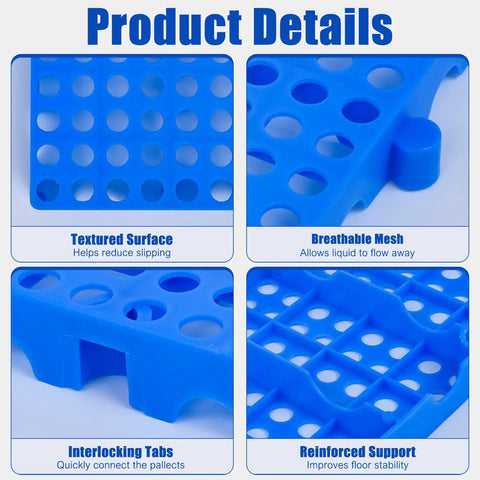 Product details of Lightweight Nestable Plastic Pallet Grid Pad for floor storage; features textured, breathable, interlocking surface.