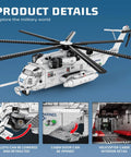 Product details of CH-53 Transport Helicopter Model Kit For Adults, showing detailed parts and cabin features.