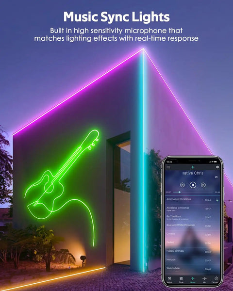 Hella Bright 10Ft Bluetooth COB LED Strip Lights With Flex Remote And Smart App Music Sync Dimmable, illuminating a wall with guitar design.