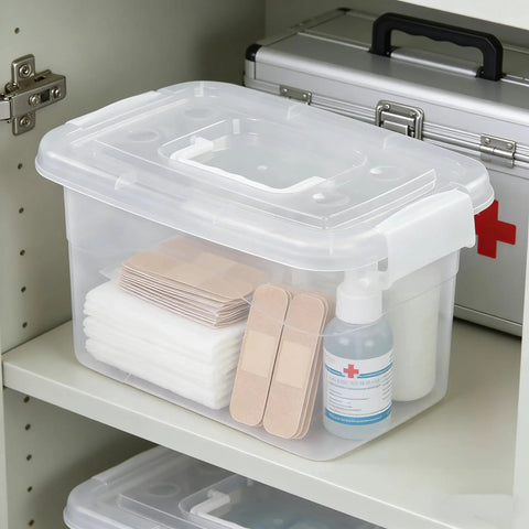 Clear Plastic Storage Boxes With Secure Latches And Slick Handles Sweet Setup For Home Organization And Clutter Free Spaces Six Pack Container Set For Bedroom Kitchen Living Room Or Office with first aid supplies.