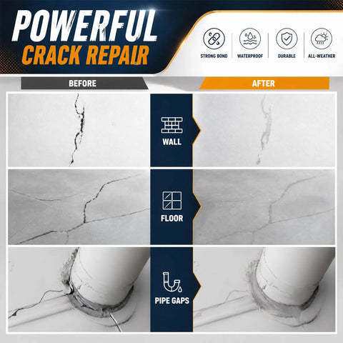 Before and after images of crack repair on wall, floor, and pipe gaps using Straight Up Solid Self Leveling Concrete Crack Filler And Sealant Four Pack Gray Repair Kit.