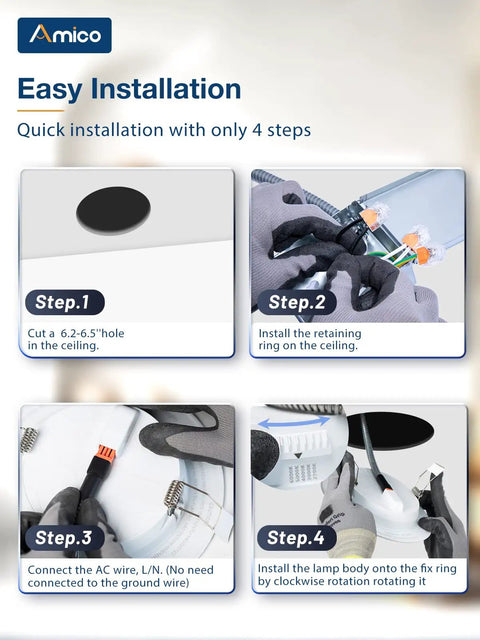 Installation guide for 12 Pack 6 Inch Ultra Thin LED Recessed Canless Wafer Downlight With Junction Box, 5 CCT Selectable