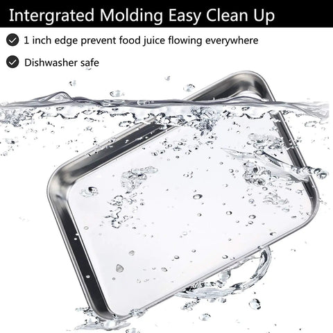 18 Inch Stainless Steel Baking Sheets Set Of 2 submerged in water, highlighting rust resistant and easy clean features