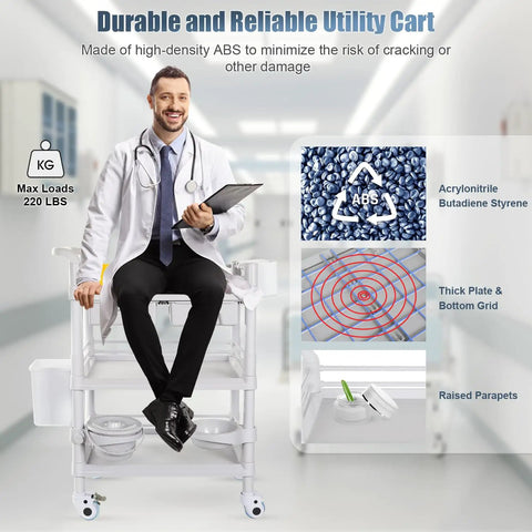 Doctor sitting on a medical cart, showing features of Workhorse 3 Tier Medical Cart On Wheels With 330 Lbs Max Load, Rolling Ultrasound Trolley.