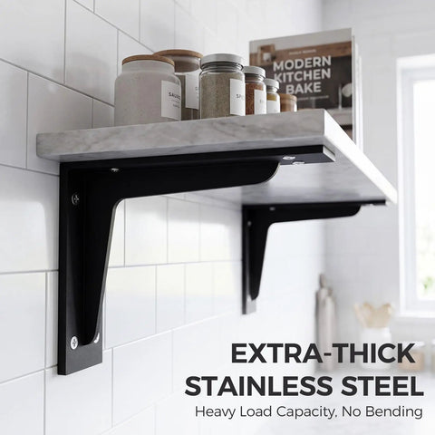 Heavy Duty L Shelf Brackets Set in matte black stainless steel floating shelf brackets with 90 degree weld free construction on kitchen wall