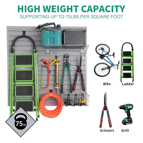 Heavy Duty PVC Slat Wall Panels For Garage Storage Built Different Power Tool Organizer Wall Mount Rack Rock Solid And Hella Strong Waterproof Paneling Grey 4X8 Feet with tools and bike.