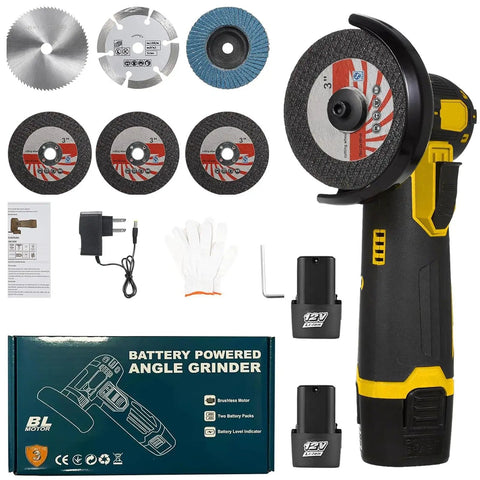 Cordless Brushless Mini Angle Grinder Kit With 3 Inch Grinding Discs 19500 RPM Ultra Lightweight Handheld Cutter Includes Two 12V 1500mAh Batteries And Six Cutting Discs For Metal Tile Concrete DIY Ready with packaging.