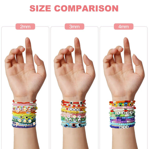 Size comparison of All In One Seed Bead Kit For Jewelry Making With About 3400 Glass 4mm Seed Beads In 24 Colors And 170 Charms on wrists