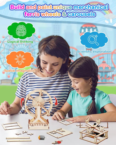 4 In 1 STEM Kit For Kids Featuring 3D Wooden Puzzles A Mini Ferris Wheel Build A Fiber Optic Lamp And Star Night Light.