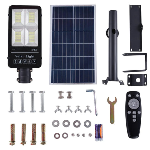 Super Bright 300W Solar Street Flood Light For Outdoor Use, Dusk To Dawn Solar Light With Remote, 6500K, components laid out.