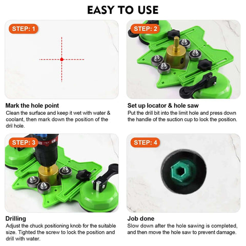 MARSBASE 10-pc diamond hole saw kit with suction cups; tile drilling guide with step-by-step setup (front view).