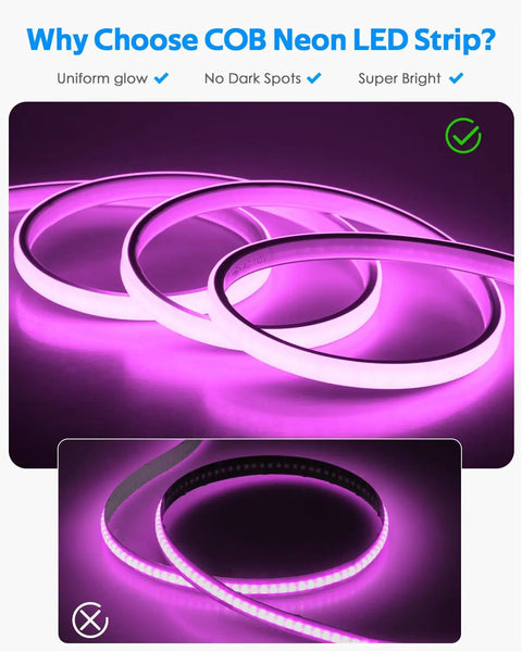 Hella Bright 10Ft Bluetooth COB LED Strip Lights With Flex Remote And Smart App Music Sync Dimmable IP67 Waterproof RGB Neon Rope Light glowing pink.