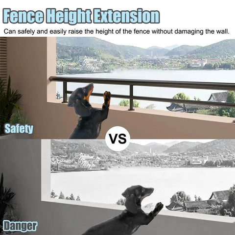 Image showing dog comparing safety with steel balcony railing height extender for outdoor spaces. Level Up Your Outdoor Setup With This Super Sturdy Steel Balcony Railing Height Extender And Adjustable Patio Guard For Heavy Duty Deck Protection And Zero Hassle Install.
