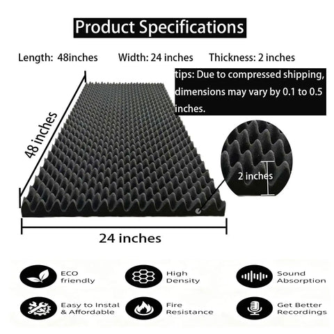 Diagram showing Egg Crate Acoustic Foam Panel 48x24x2 Inches Black for Walls and Recording Studios Soundproofing Panels dimensions.