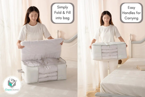 Collapsible Comforter Storage Bag holds King Queen bedding, easy to carry with handles, made of washable Oxford Fabric.