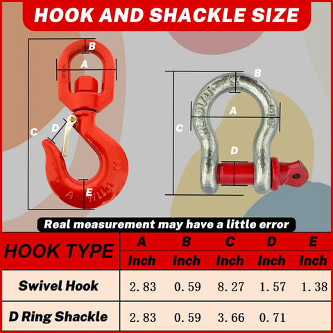 Diagram showing size measurements for 3 Ton Swivel Lifting Hook and D Ring Shackle Set With G80 Chain Hooks and Five Eighths Inch Shackle.