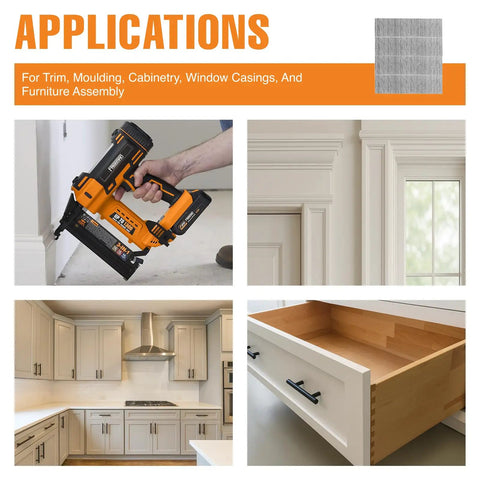 Applications of Stainless Steel 18 Gauge Glue Collated Brad Nails 2 Inch 1000 Count for trim molding and baseboards