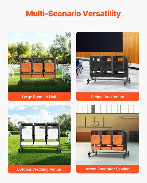 Heavy Duty Folding Chair Rack Cart For Event Spaces Haul 42 Chairs Or 12 Tables With 400 Lb Capacity Mobile Chair Storage Dolly Featuring Rubber Wheels And GrIPS Large Chair Holder Matte Black in various event settings.