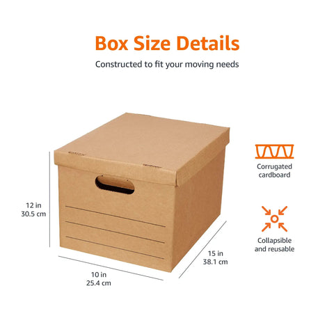 Heavy Duty Moving And Storage Boxes With Reinforced Handles And Easy Lift Off Lids, Hustle Ready Corrugated Packing Crates For Smooth House Moves And Clutter Control, 15X10X12 20 Pack showing size details and design.