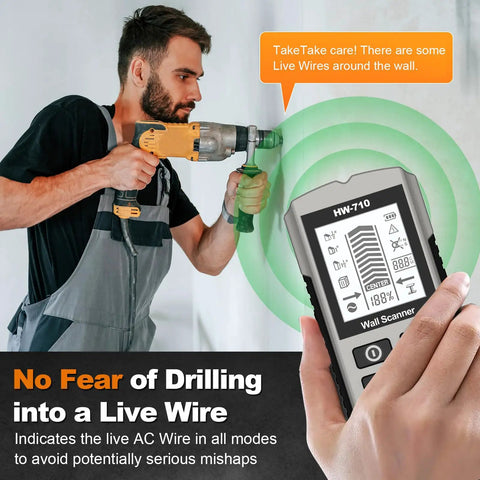 Hella Accurate Wall Stud Finder Scanner 5 In 1 AC Live Wire And Metal Detector in use with a man drilling into a wall.