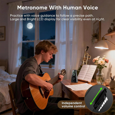 Person playing guitar using Digital Metronome For Piano Guitar Drums With Clear LCD Screen And Flashing Light in dimly lit room.