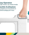 Close-up of Adjustable White Baby Safety Gate With Dual Mount Capability showing easy top-release handle operation