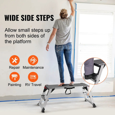 User standing on Beast Mode Foldable Aluminum Work Platform Drywall Stool Ladder for wall painting and repair.
