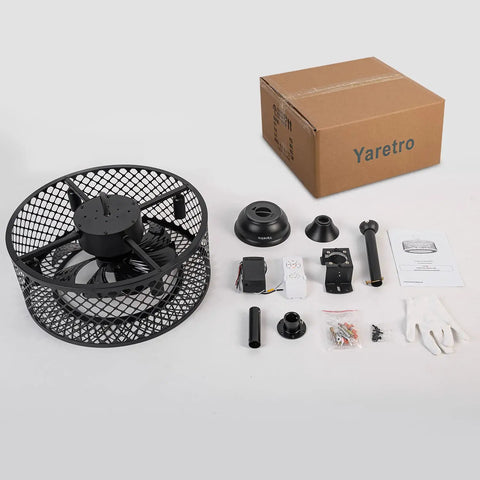 Dope Caged Ceiling Fan With Lights Remote Control, Industrial Enclosed Blades, 3 Speeds, 18 Inch Black Fixture components