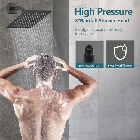 Slick 8 Inch Square Rain Shower Faucet Trim Kit Compatible With Delta 13 14 Series High Pressure Matte Black wall-mounted with shower head.