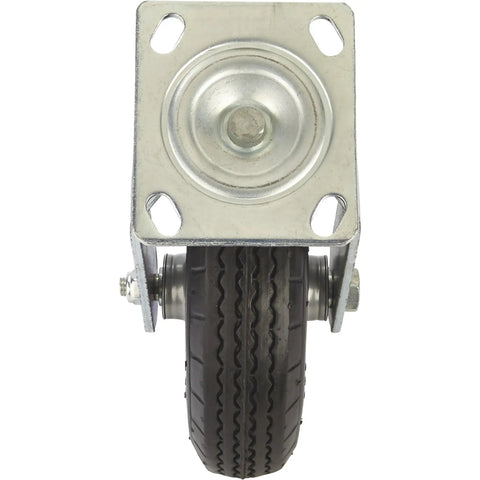 Badass 8 Inch Swivel Caster Wheel With Flat Free Rubber Foam Core And Deep Sawtooth Tread, front view showing metal bracket and rubber tire.