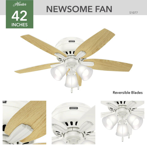 42 Inch Indoor Ceiling Fan With LED Lights No Remote Low Profile Flush Mount Pull Chain Control Five Blades Fresh White