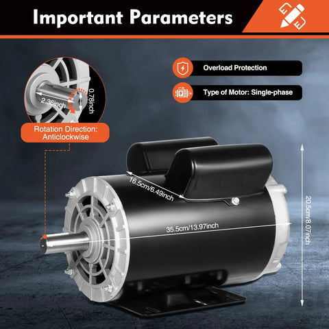 Heavy Duty 5HP Electric Air Compressor Motor With 2.36 Inch Shaft Length And 7/8 Inch Bore Featuring Single Phase 208-230V Power 3450RPM Speed Steel Casing For Industrial Pumping Applications showing motor parameters.