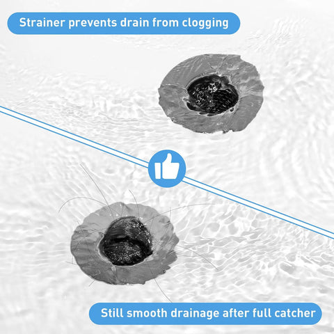 Premium Stainless Steel Bathroom Sink Drain Strainers Two Pack Conical Hair Catcher Porous Drain Filter Fits 1.2 To 1.6 Inches showing effective hair trapping.