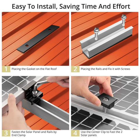 Step-by-step installation of Solar Panel Mounting Kit for Four Panels With 4.72 Inch Rails in Black and Silver on rooftop