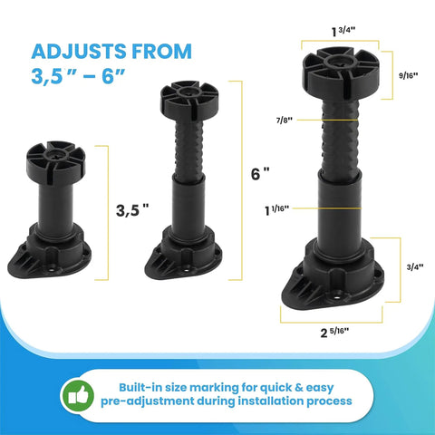 Heavy Duty Adjustable Furniture Leveling Feet Set Of 12 For Beds Desks Cabinets Shelves And Workbenches Non Slip Commercial Grade Support Easy Install Supports Up To 1000 Lbs Each Adjustable From 3.5 To 6 Inches, showing different adjustable sizes.