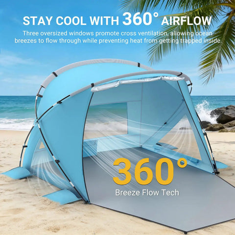 Pop Up Beach Tent With Extended Canopy For 4-6 People CumbreX Sun Shelter on beach with windows for airflow