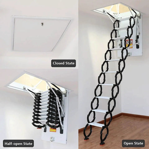 Heavy Duty Remote Attic Ladder For Seamless Ceiling Access With Electric Pull Down System And Foldable Retractable Steps To Slash Household Clutter And Save Major Floor Space In Eighty By One Hundred Twenty Centimeter Profile showing closed, half-open, and open states.
