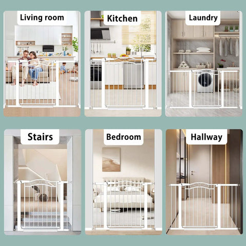 Extra Wide Press Mounted Baby Gate Indoor Walk Through No Drill For Kids And Pets Fits 29.53 To 32.28 Inches Doorway Hallway Gate Safety For The House in various rooms, including living room, kitchen, and stairs.