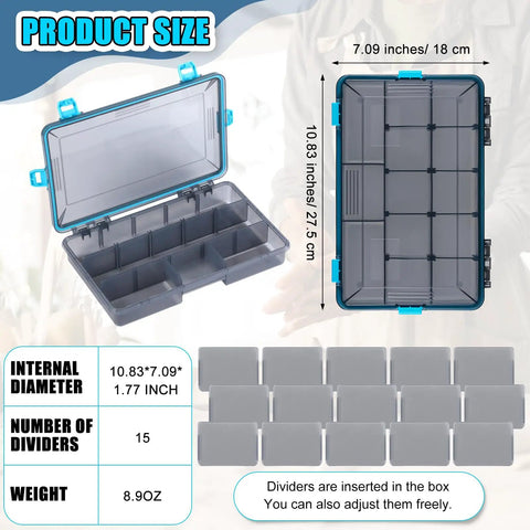 Open Six Pack Waterproof Fishing Tackle Box 3600 And 3700 with Removable Dividers, Blue Camo, Showing Internal Dimensions and Layout
