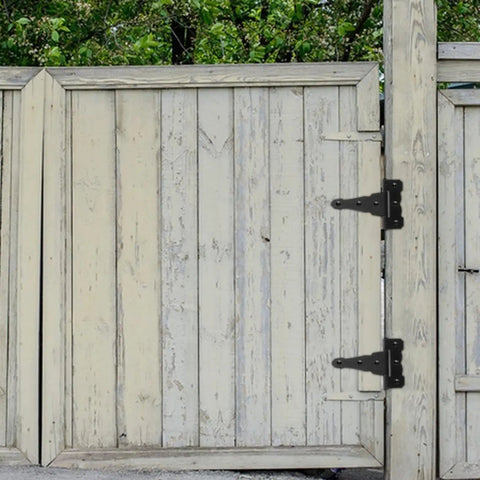 Heavy Duty Iron Gate Hinges Matte Black Farmhouse Style on rustic wooden gate